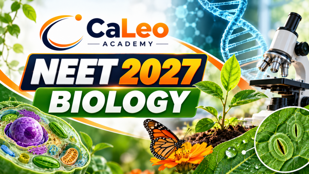 CaLeo Academy NEET 2027 Biology course featuring cell biology, DNA, plants, butterfly and microscope